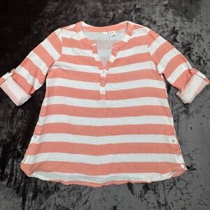 Boho Chic / Nautical Kactus Coral/White Stripe Gauze Tunic Medium 3/4 Sleeve Top